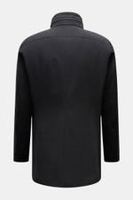 Moorer Kurzmantel 'Edgar' schwarz von hinten, Slim Fit, wasserabweisende Microfaser, Stehkragen mit Leder-Knopfriegel, Kapuze im Kragen.