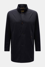 Moorer Kurzmantel 'Hektor' navy front view, slim fit, water-repellent microfiber, stand collar with hidden hood, four-button placket, slanted welt pockets, small web label, smooth lining, two zippered inner pockets, back center vent. <article class="text-
