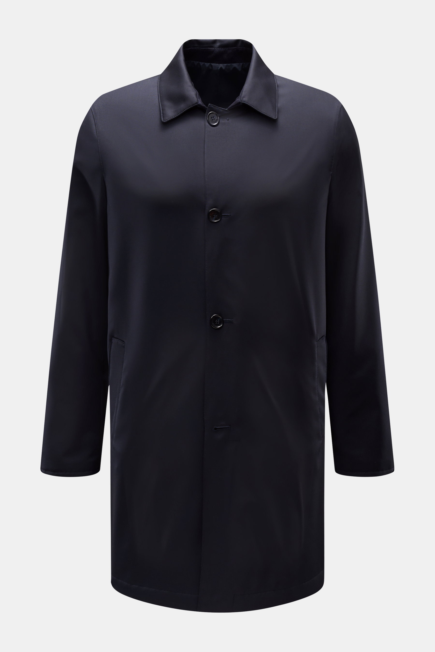 Mandelli Wende-Kurzmantel navy, Slim Fit, reine Wolle, weicher Griff, Umlegekragen, Vier-Knopf-Leiste, paspelierte Taschen, Rückenmittelschlitz, wendbar, frontal fotografiert.