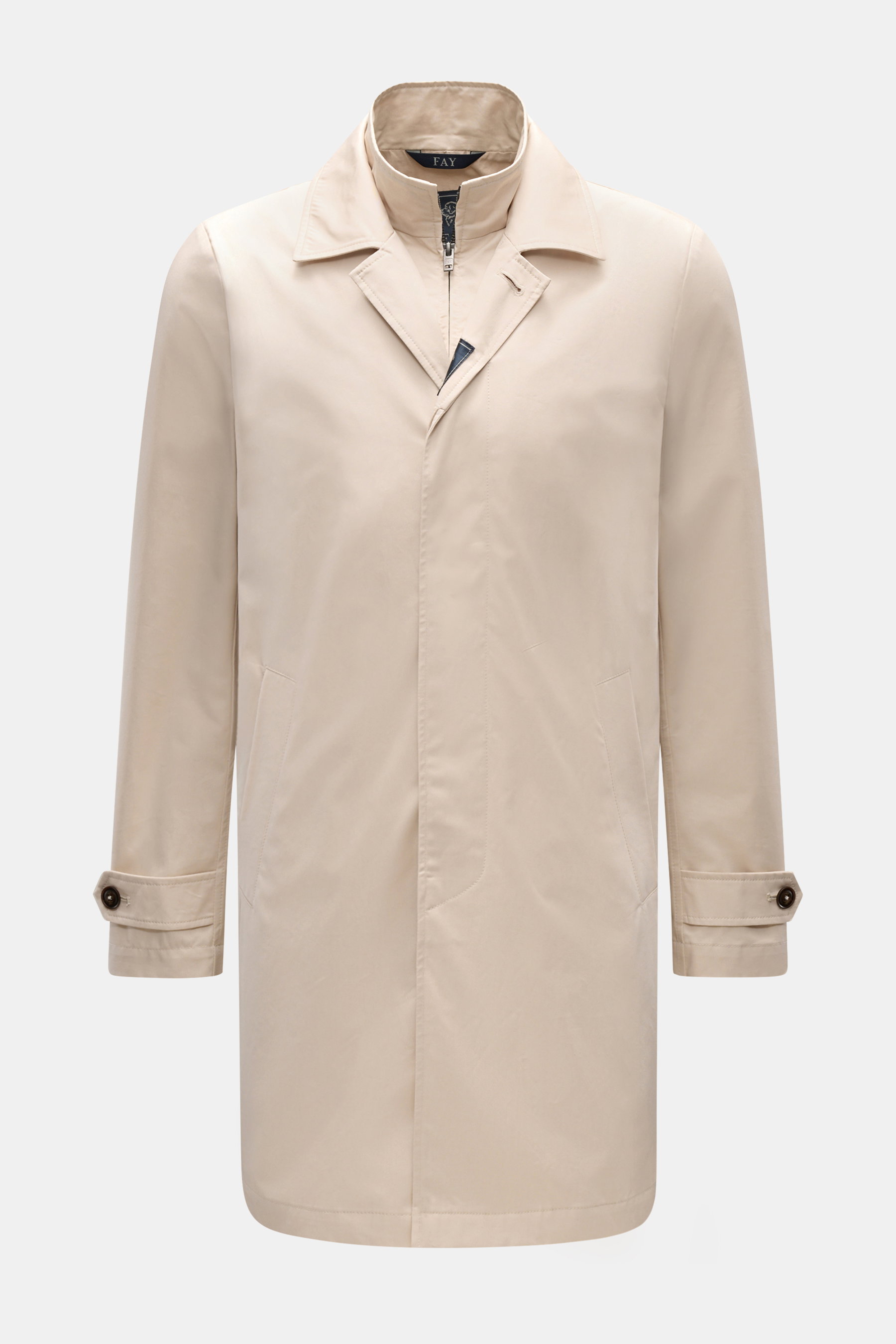 Fay Mantel 'Morning' sand, frontale Ansicht, Baumwoll-Twill Slim Fit, Zip-Doublefront, verdeckte Knopfleiste, variabler Kragen, schräge Leistentaschen.