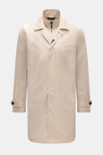 Front view of Fay Coat 'Morning' sand, a slim fit, pure cotton twill trenchcoat with zip double front, concealed button placket, adjustable collar, slanted hip pockets, cuffs with buttoned tab, unlined with one inside pocket.