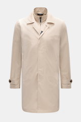 Front view of Fay Coat 'Morning' sand, a slim fit, pure cotton twill trenchcoat with zip double front, concealed button placket, adjustable collar, slanted hip pockets, cuffs with buttoned tab, unlined with one inside pocket.