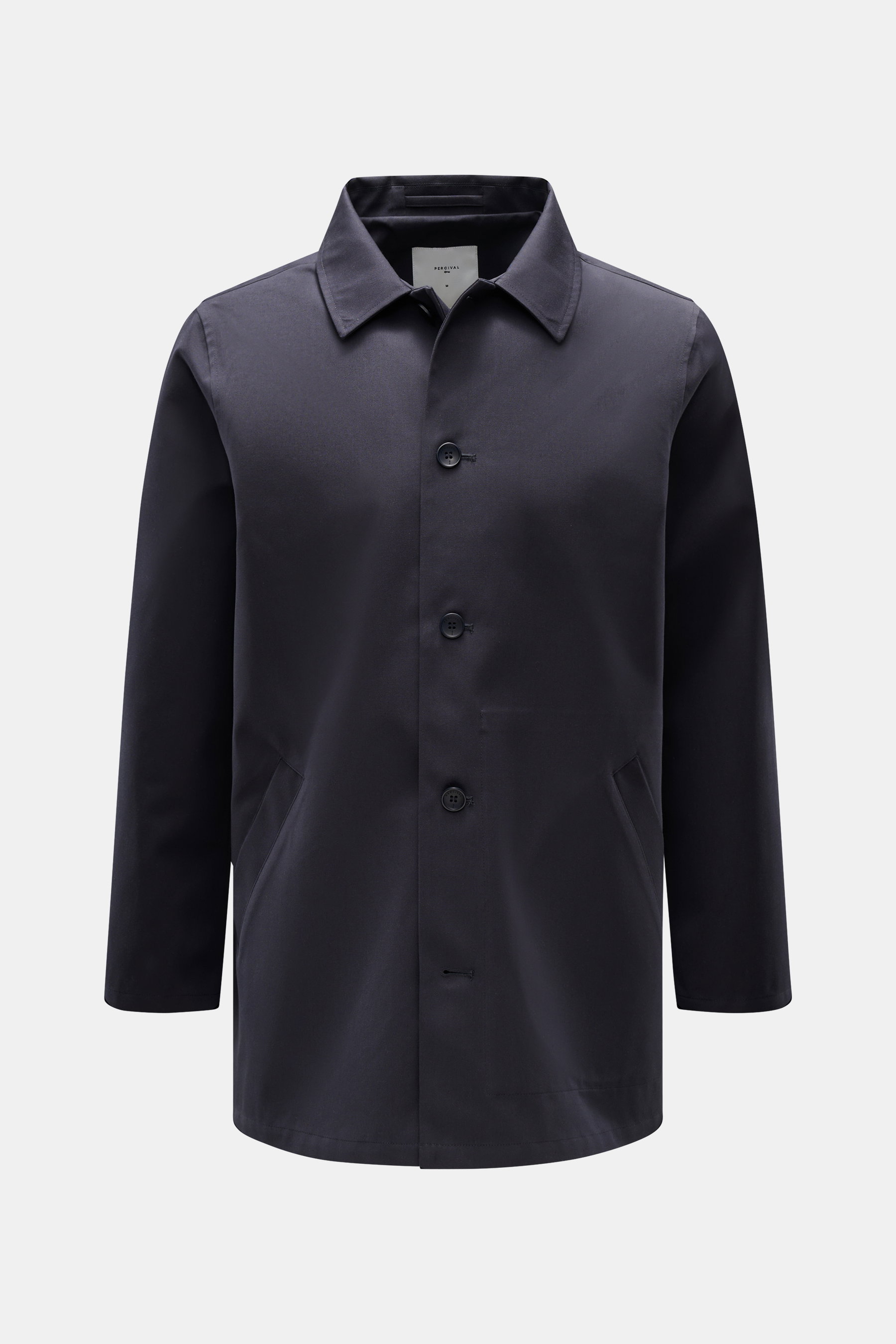 Percival Kurzmantel 'Sherlock' dark navy, frontale Ansicht, wasserdicht, Regular Fit, Fünf-Knopf-Leiste, Umlegekragen, paspelierte Taschen, Rückenmittelschlitz, Baumwoll-Microfaser-Mix.