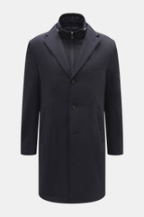 Corneliani Kurzmantel navy, frontal fotografiert, hochwertige Microfaser, elastische Qualität, weicher Griff, leichte Wattierung, wind- und wasserabweisend, Slim Fit, Drei-Knopf-Stil, fallendes Revers, herausnehmbare Double-Front mit Stehkragen, Kapuze im