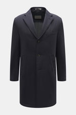 Corneliani Kurzmantel navy, Vorderansicht, hochwertige Microfaser, elastisch, weicher Griff, leichte Wattierung, wind- und wasserabweisend, Slim Fit, drei Knöpfe, fallendes Revers, Kapuze, Brusttasche, Leistentaschen, Ärmelknöpfe, Rückenmittelschlitz, wei
