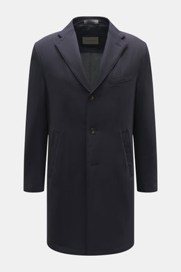Corneliani Kurzmantel navy, Vorderansicht, hochwertige Microfaser, elastisch, weicher Griff, leichte Wattierung, wind- und wasserabweisend, Slim Fit, drei Knöpfe, fallendes Revers, Kapuze, Brusttasche, Leistentaschen, Ärmelknöpfe, Rückenmittelschlitz, wei