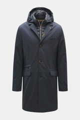 Front view of Moorer Down short coat 'Redon' navy, a water-repellent, slim fit coat with light down filling, detachable hood, double front, three-button placket, variable collar, breast pocket, billett zipper pocket, flap front pockets, buttoned back slit