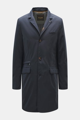 Moorer Down short coat 'Redon' navy shown from front, water-repellent microfiber with soft touch, light down filling, detachable hood, removable double front, slim fit, three-button placket, variable collar with snap, classic breast pocket, billett pocket