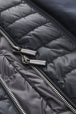Close-up front interior view of the navy Moorer Down short coat 'Redon' highlighting silver zippers, quilted lining fabric, water-repellent microfiber, soft touch, light down filling, removable double front, detachable hood with drawstring, slim fit, thre
