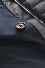 Close-up view of the button and zipper area of the Moorer Down short coat 'Redon' navy, showcasing high-quality microfiber, soft touch, water-repellent fabric, and light down filling. The image highlights the removable double front, detachable hood with d