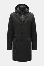 Front view of the Moorer Down short coat 'Redon' black, a slim fit, water-repellent coat with light down filling, removable double front, detachable hood with drawstring, three-button placket, variable collar with snap button, classic breast pocket, bille