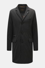 Moorer Down short coat 'Redon' black shown front view, water-repellent microfiber, soft touch, light down filling, removable double front, detachable hood, slim fit, three-button placket, variable collar with snap, classic breast pocket, zipper billett po