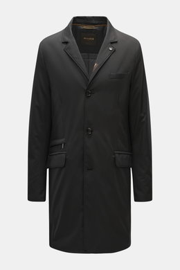 Moorer Down short coat 'Redon' black shown front view, water-repellent microfiber, soft touch, light down filling, removable double front, detachable hood, slim fit, three-button placket, variable collar with snap, classic breast pocket, zipper billett po