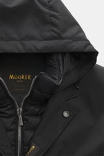 Close-up front view of Moorer Down short coat 'Redon' black showing water-repellent microfiber, detachable hood, zipper, and button detail.