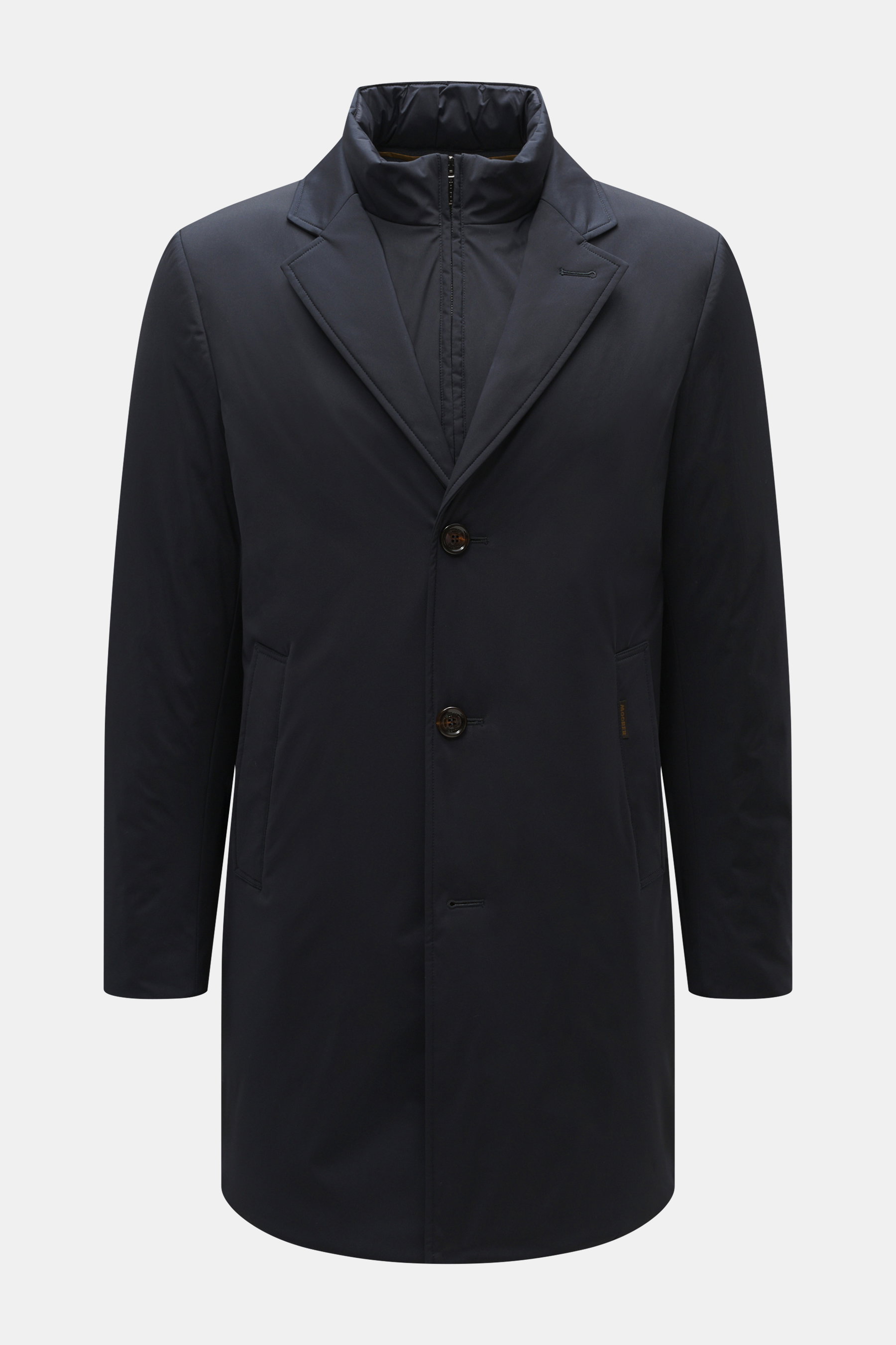 Front view of Moorer Daunen-Kurzmantel 'Crosio' navy, a Slim Fit short coat with a mix of wool and microfiber, smooth touch, water-repellent, featuring a variable down-filled inner jacket, three-button closure, variable lapel collar, flap front pockets, u