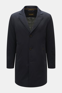 Moorer Daunen-Kurzmantel 'Crosio' navy seen from front, slim fit, wool and microfiber blend, water-repellent with variable down-filled inner jacket, three-button closure, variable lapel collar, flap front pockets, two inner pockets, smooth feel, unconstru