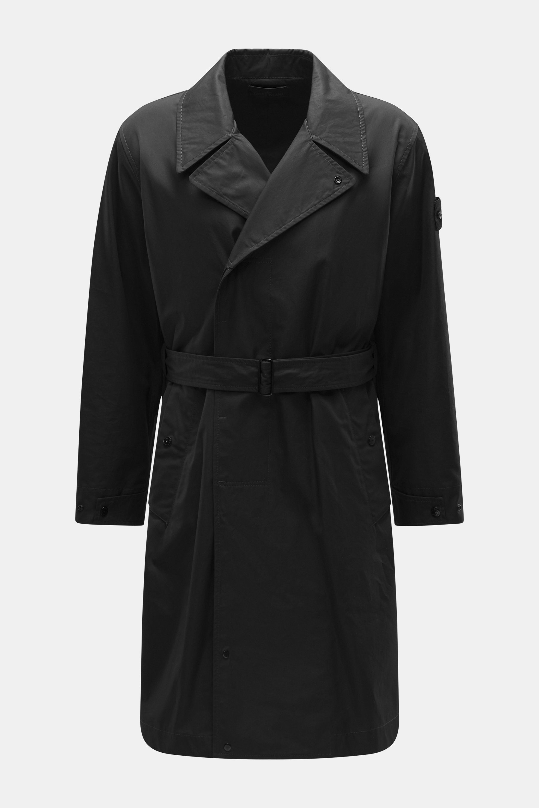 Front view of Stone Island Trenchcoat 'Ghost Piece' navy in pure cotton, Regular Fit, featuring smooth button placket, turn-down collar with tab, front pockets with flap and press studs, tonal compass badge on upper arm, buttoned sleeve cuffs, center back