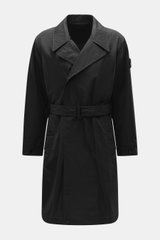 Front view of Stone Island Trenchcoat 'Ghost Piece' navy in pure cotton, Regular Fit, featuring smooth button placket, turn-down collar with tab, front pockets with flap and press studs, tonal compass badge on upper arm, buttoned sleeve cuffs, center back