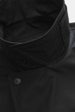 Close-up top-down view of the collar and upper front of Stone Island Trenchcoat 'Ghost Piece' navy, featuring pure cotton, regular fit, smooth button placket, turn-down collar with tab, front pockets with flap and press studs, tonal compass badge on upper