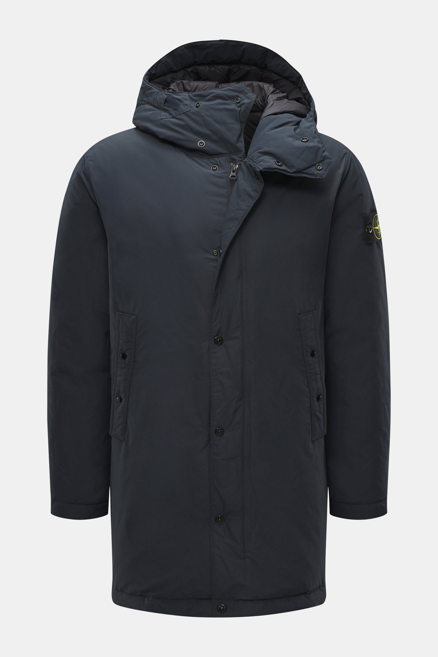 Stone Island Daunen-Kurzmantel 'Micro Reps' navy frontal, hochwertige Microfaser, glatter Griff, Slim Fit, Daunenfüllung, wasserabweisend, Kapuze, Kompass-Badge.