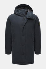 Stone Island Daunen-Kurzmantel 'Micro Reps' navy frontal, hochwertige Microfaser, glatter Griff, Slim Fit, Daunenfüllung, wasserabweisend, Kapuze, Kompass-Badge.