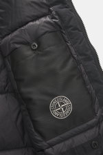 Stone Island Daunen-Kurzmantel 'Micro Reps' schwarz, Innenansicht, hochwertige Microfaser, glatter Griff, wattierte Kapuze, Innentasche, Kompass-Badge, Slim Fit.