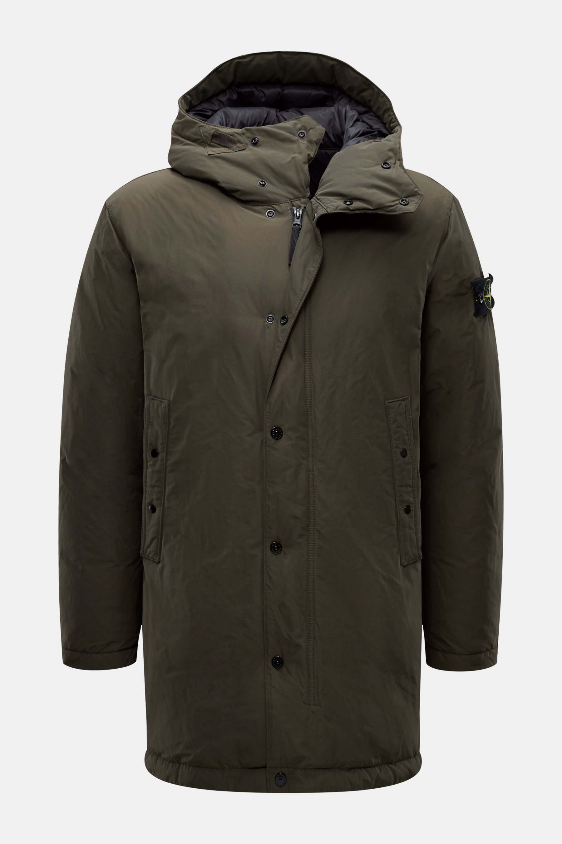 Front view of Stone Island Down short coat 'Micro Reps' olive in high-quality microfiber with smooth feel, wind- and water-repellent, warm down filling, slim fit, two-way zipper, wind flap with buttons, quilted hood, piped front pockets with snap buttons,