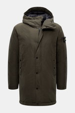 Front view of Stone Island Down short coat 'Micro Reps' olive in high-quality microfiber with smooth feel, wind- and water-repellent, warm down filling, slim fit, two-way zipper, wind flap with buttons, quilted hood, piped front pockets with snap buttons,