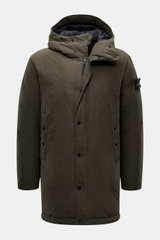 Front view of Stone Island Down short coat 'Micro Reps' olive in high-quality microfiber with smooth feel, wind- and water-repellent, warm down filling, slim fit, two-way zipper, wind flap with buttons, quilted hood, piped front pockets with snap buttons,
