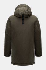 Stone Island Down short coat 'Micro Reps' olive shown from the back, high-quality microfiber, smooth feel, wind- and water-repellent, warm down filling, slim fit, two-way zipper, wind flap with buttons, quilted hood, piped front pockets with snap buttons,