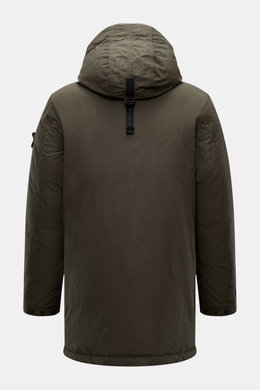 Stone Island Down short coat 'Micro Reps' olive shown from the back, high-quality microfiber, smooth feel, wind- and water-repellent, warm down filling, slim fit, two-way zipper, wind flap with buttons, quilted hood, piped front pockets with snap buttons,