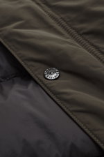 Close-up front angle of Stone Island Down short coat 'Micro Reps' olive, showing high-quality microfiber with smooth feel, wind- and water-repellent fabric, warm down filling, slim fit, two-way zipper, wind flap with buttons, quilted hood, piped front poc