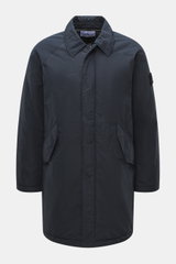 Front view of Stone Island Short Coat 'Micro Reps' navy made of high-quality microfiber with smooth touch, wind and water repellent, warm Primaloft filling, Slim Fit, two-way zipper, wind flap with buttons, turn-down collar, raglan sleeves, large front po