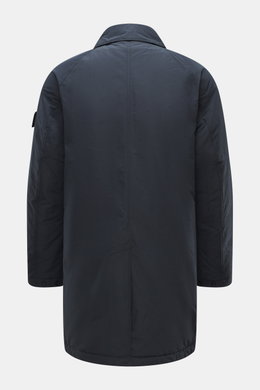 Stone Island Short Coat 'Micro Reps' navy shown from the back, made of high-quality microfiber with smooth touch, wind and water repellent, warm Primaloft filling, Slim Fit, two-way zipper, wind flap with buttons, turn-down collar, raglan sleeves, large f