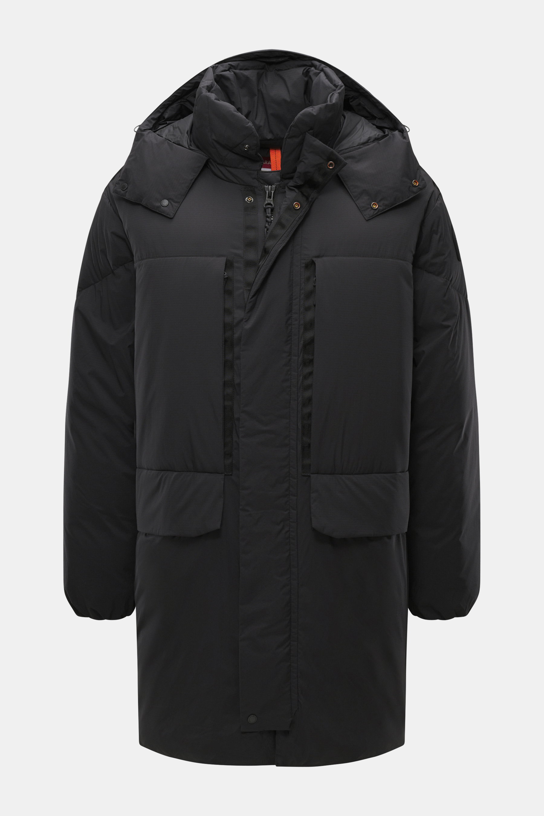 Front view of Parajumpers Down Parka 'Bearberry' navy, durable microfiber, warm down filling, wind- and water-repellent, regular fit, robust two-way zipper, wind flap with snap buttons, hood with drawstring, front pockets with buttoned flap, zipper pocket