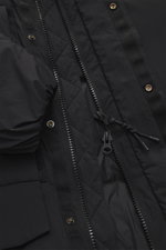 Close-up front view of the Parajumpers Down Parka 'Bearberry' navy showing durable microfiber fabric, warm down filling, robust two-way zipper, wind flap with snap buttons, and quilted lining fabric.