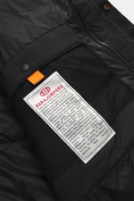 Close-up interior view of the Parajumpers Down Parka 'Bearberry' navy showing durable microfiber, quilted lining fabric, two inner mesh pockets, and branded label. Features warm down filling, wind- and water-repellent fabric, regular fit, robust two-way z