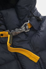 Close-up front view of Parajumpers Daunenparka 'Bold Parka' dark navy showing padded ripstop fabric, yellow strap, and metal clasp details.