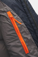 Parajumpers Daunenparka 'Bold Parka' dark navy close-up from the inside showing orange zipper pull, gray lining, and navy Ripstop fabric.