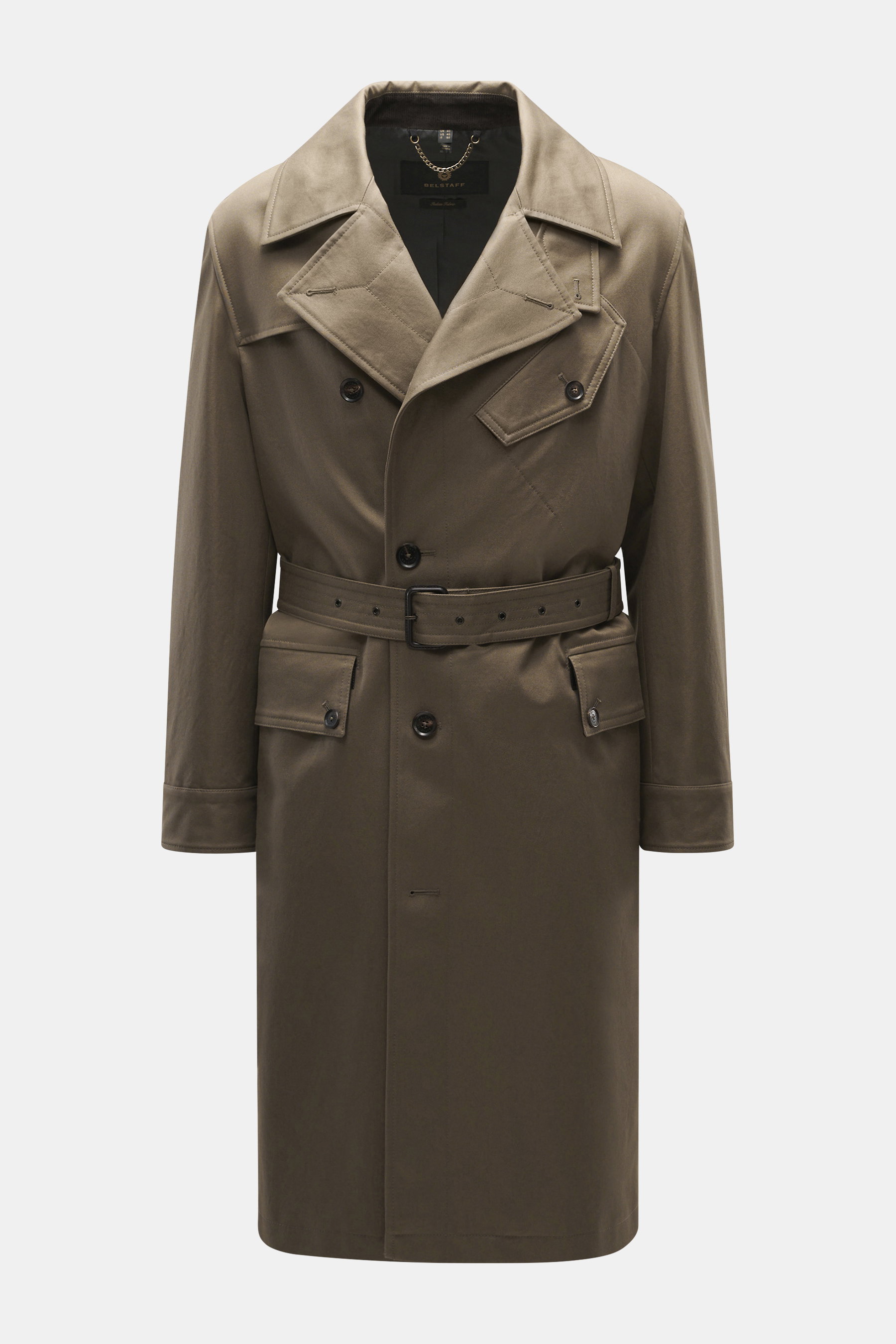 Front view of the Belstaff Trenchcoat 'Supersenia' gray-brown, a slim fit cotton twill trench coat with adjustable lapel, four-button style, slanted chest pocket, flap hip pockets, button cuffs, center back vent, smooth lining, and two inside pockets, des