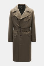 Front view of the Belstaff Trenchcoat 'Supersenia' gray-brown, a slim fit cotton twill trench coat with adjustable lapel, four-button style, slanted chest pocket, flap hip pockets, button cuffs, center back vent, smooth lining, and two inside pockets, des