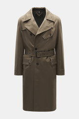 Front view of the Belstaff Trenchcoat 'Supersenia' gray-brown, a slim fit cotton twill trench coat with adjustable lapel, four-button style, slanted chest pocket, flap hip pockets, button cuffs, center back vent, smooth lining, and two inside pockets, des