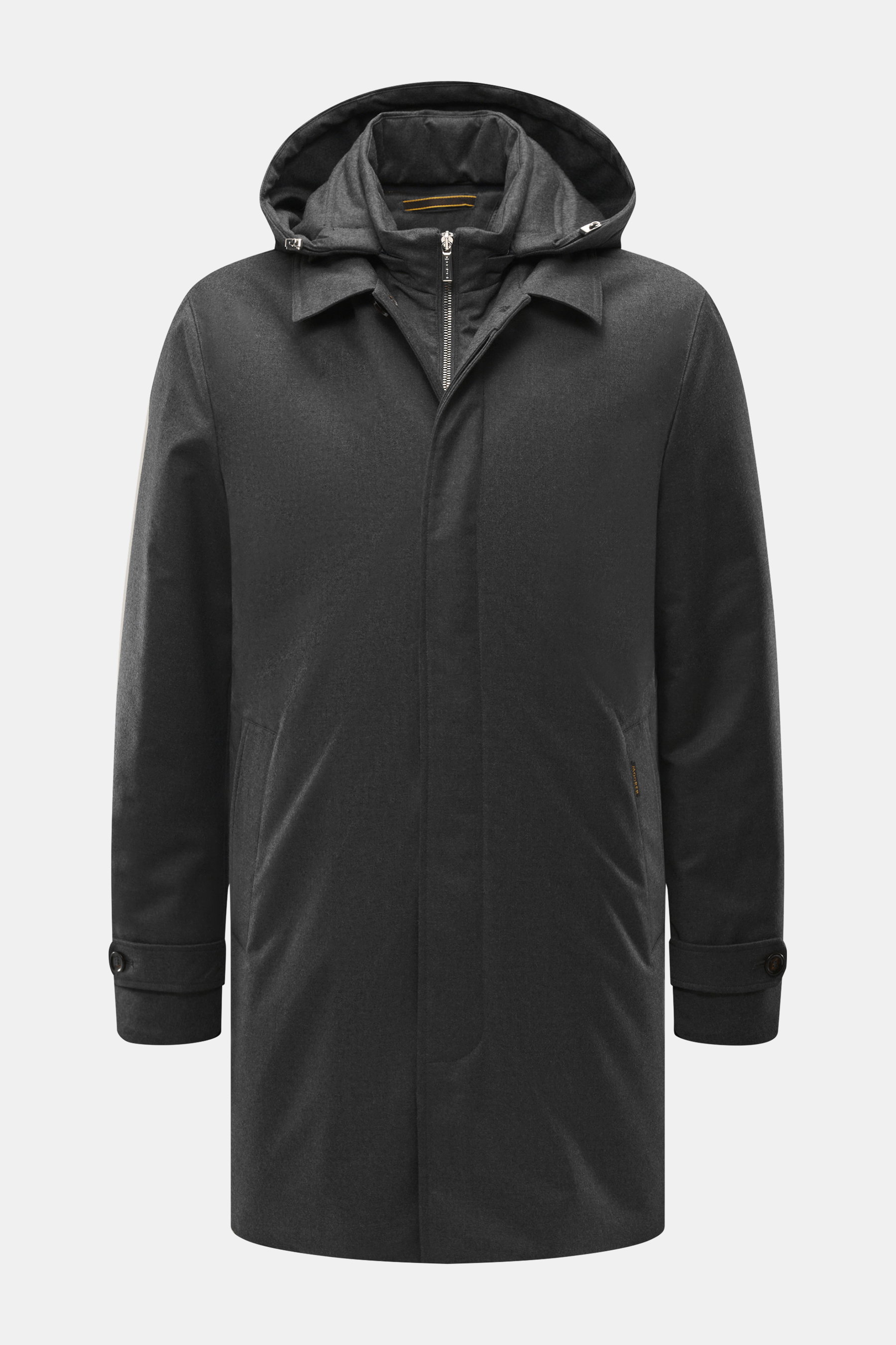 Moorer Kurzmantel 'Ralli' dunkelgrau meliert, frontal fotografiert, mit abnehmbarer Kapuze, wasserabweisend, Graphene-Füllung, Regular Fit, Mix aus Wolle, Cashmere, Microfaser.