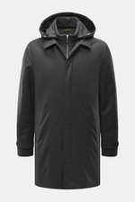 Moorer Kurzmantel 'Ralli' dunkelgrau meliert, frontal fotografiert, mit abnehmbarer Kapuze, wasserabweisend, Graphene-Füllung, Regular Fit, Mix aus Wolle, Cashmere, Microfaser.