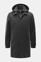 Moorer Kurzmantel 'Ralli' dunkelgrau meliert, frontal fotografiert, mit abnehmbarer Kapuze, wasserabweisend, Graphene-Füllung, Regular Fit, Mix aus Wolle, Cashmere, Microfaser.