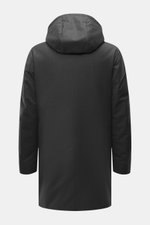 Moorer Kurzmantel 'Ralli' dunkelgrau meliert, Rückansicht mit Kapuze, Regular Fit, wasserabweisend, Woll-Mix, leichte Graphene-Füllung, abnehmbare Double-Front.