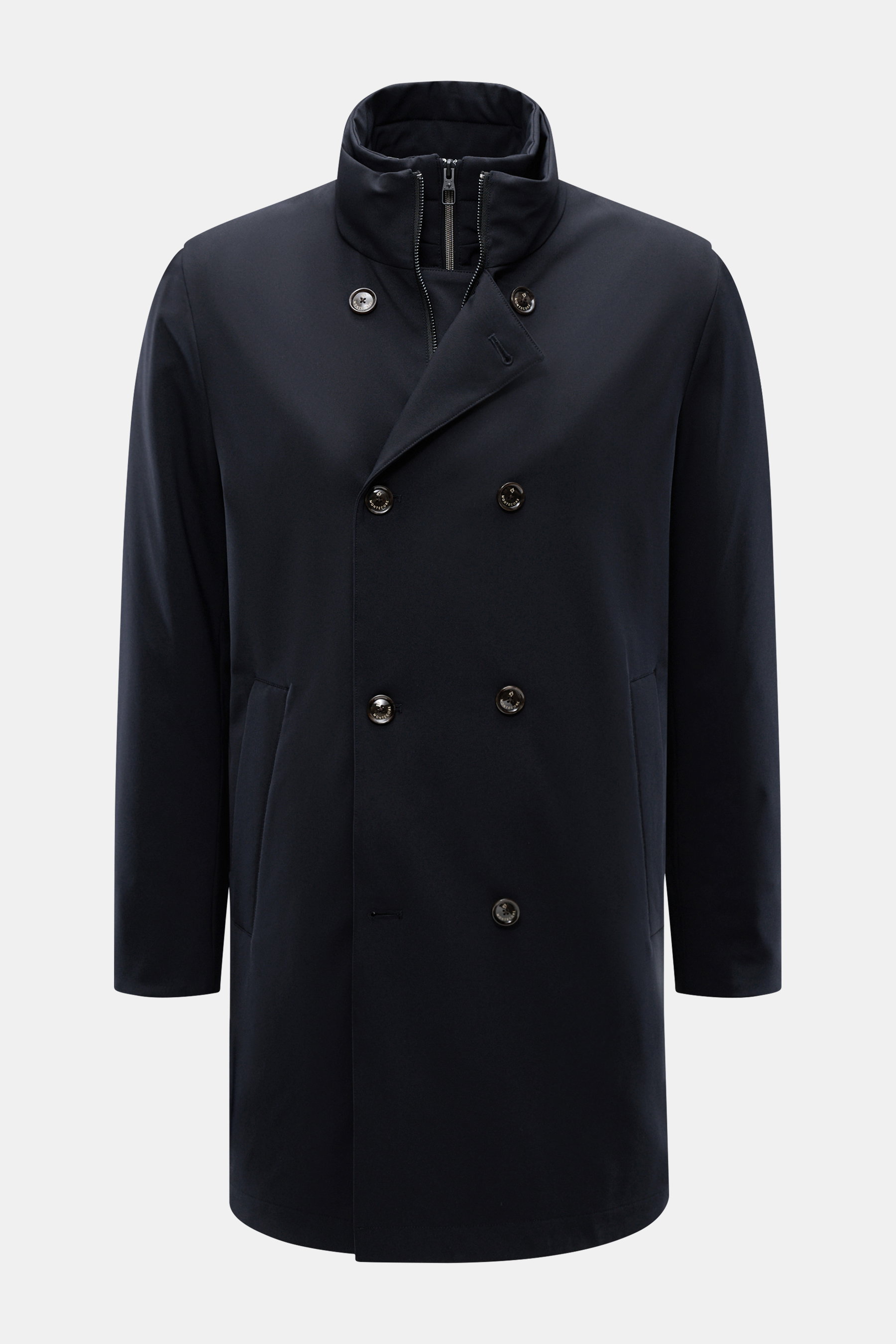 Front view of Montecore Down short coat dark navy, a slim fit, double-breasted four-button style with removable double front, high microfiber collar with zipper, hip zipper pockets, warming down filling, quilted microfiber lining, two inside pockets, butt