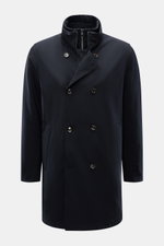 Front view of Montecore Down short coat dark navy, a slim fit, double-breasted four-button style with removable double front, high microfiber collar with zipper, hip zipper pockets, warming down filling, quilted microfiber lining, two inside pockets, butt