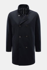 Front view of Montecore Down short coat dark navy, a slim fit, double-breasted four-button style with removable double front, high microfiber collar with zipper, hip zipper pockets, warming down filling, quilted microfiber lining, two inside pockets, butt