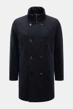 Montecore Down short coat dark navy shown from the front with high-closing collar, double-breasted four-button style, slim fit, and hip zipper pockets. This exclusive short coat from MONTECORE with removable double front and warming down filling stylishly